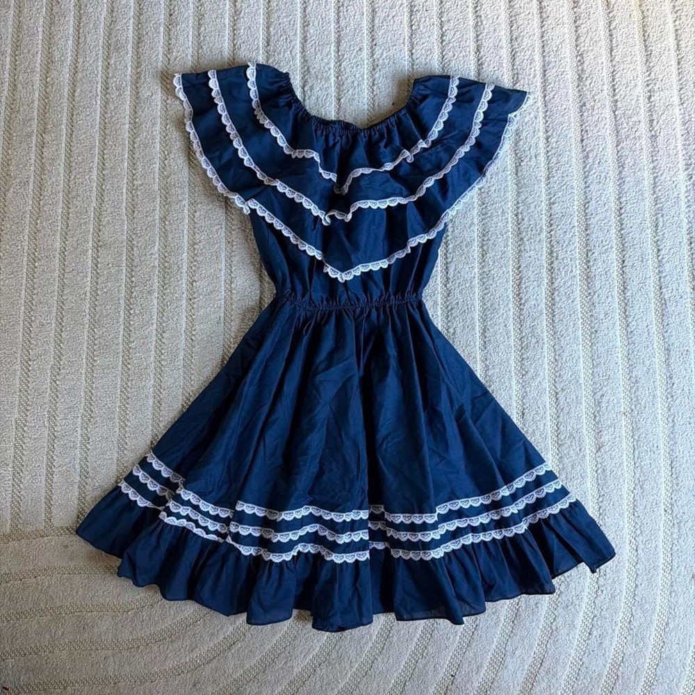 VTG 70s Jeri Bee Navy Circle Ruffle Dress size 6 Western Square Prairie Cottage